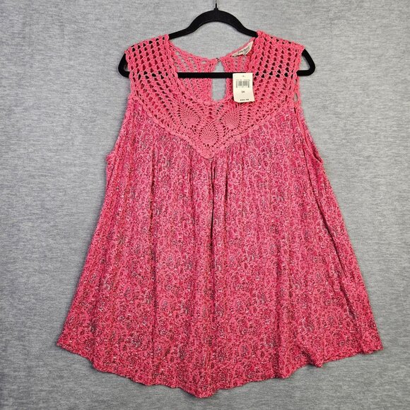 Lucky Brand Women's Size 3X Coral Crochet Floral Printed Top New - Picture 1 of 9